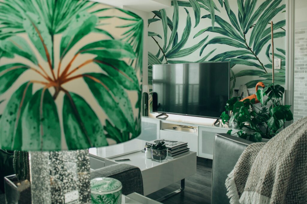 A living room with tropical statement design pieces. 