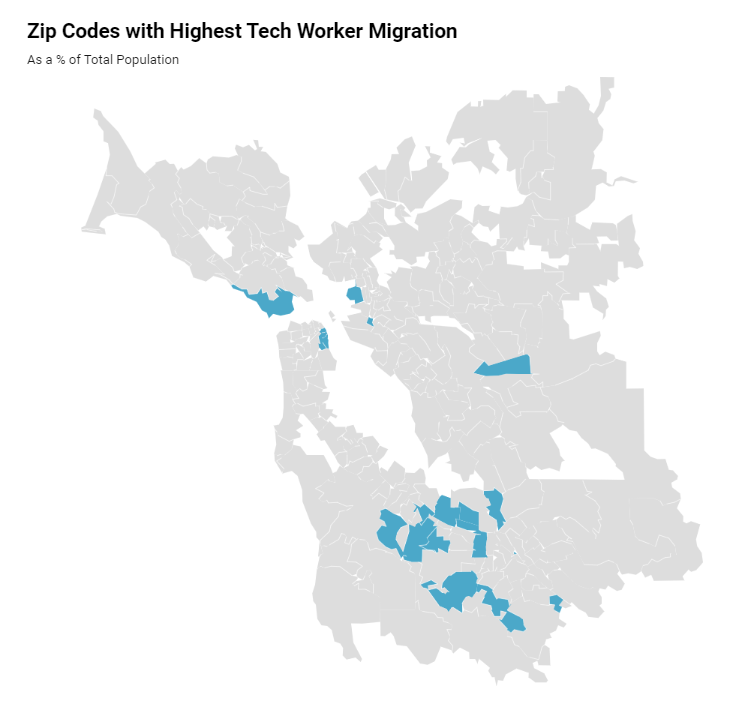 Map showing zip codes with the highest tech worker migration.