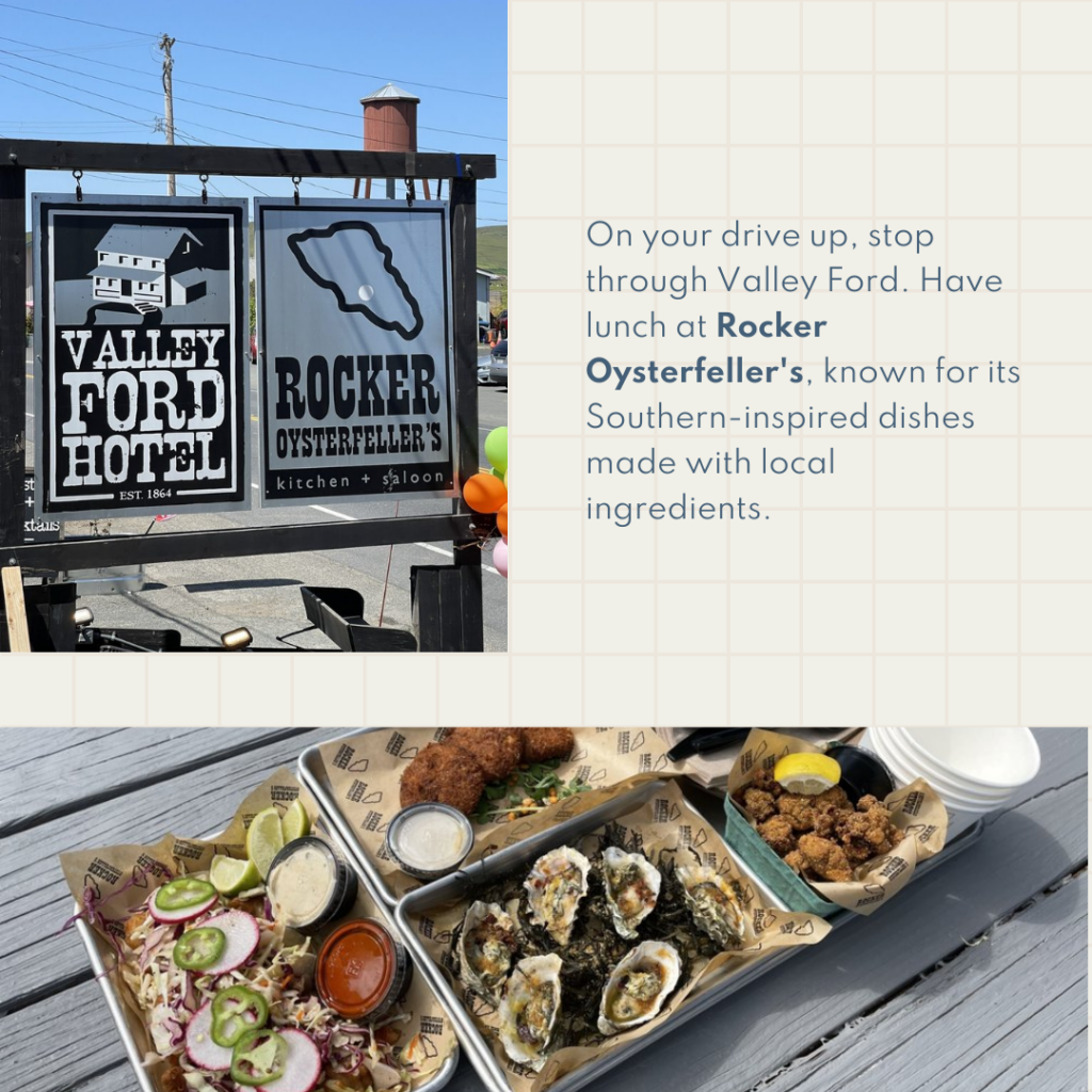 On your drive up, stop through Valley Ford. Have lunch at Rocker Oysterfeller's, known for its Southern-inspired dishes made with local ingredients.