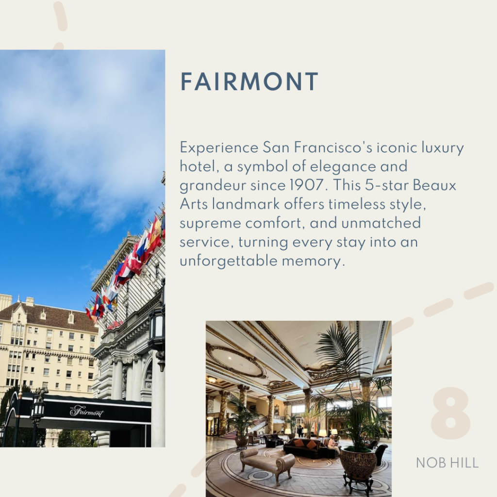 Fairmont, Experience San Francisco's iconic luxury hotel, a symbol of elegance and grandeur since 1907. This 5-star Beaux Arts landmark offers timeless style, supreme comfort, and unmatched service, turning every stay into an unforgettable memory.