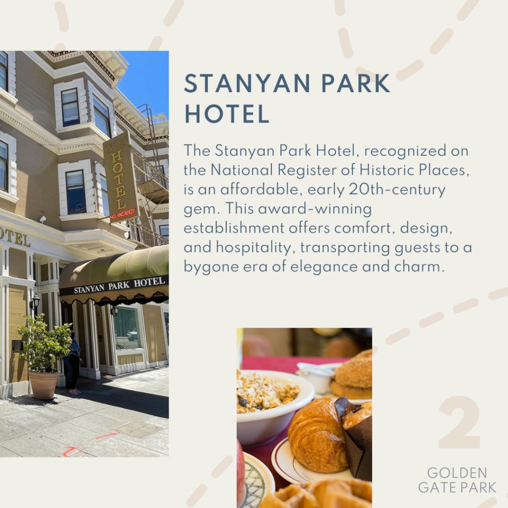 The Stanyan Park Hotel, recognized on the National Register of Historic Places, is an affordable, early 20th-century gem. This award-winning establishment offers comfort, design, and hospitality, transporting guests to a bygone era of elegance and charm.