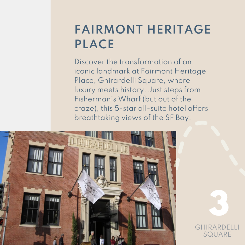 Discover the transformation of an iconic landmark at Fairmont Heritage Place, Ghirardelli Square, where luxury meets history. Just steps from Fisherman's Wharf (but out of the craze), this 5-star all-suite hotel offers breathtaking views of the SF Bay.