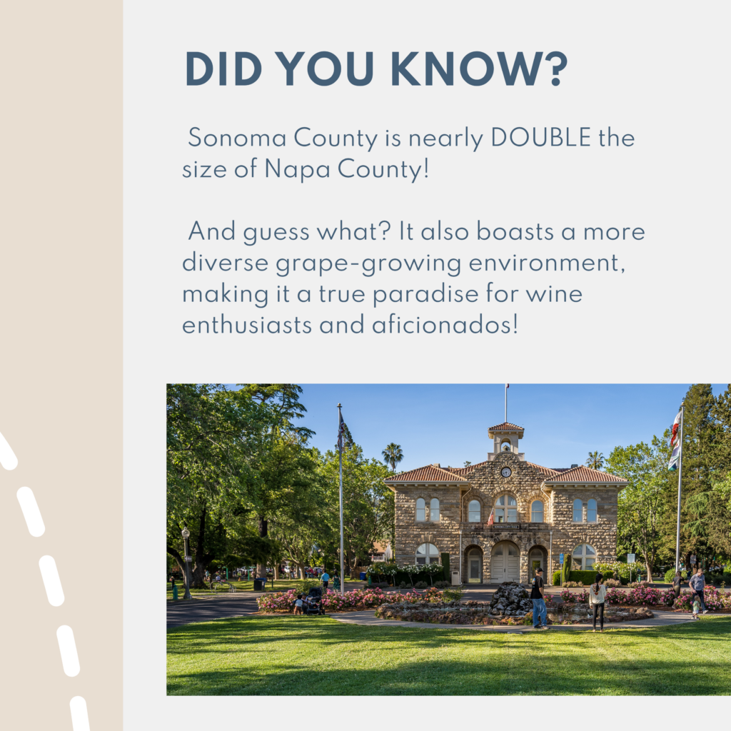 Sonoma County is nearly DOUBLE the size of Napa County! And guess what? It also boasts a more diverse grape-growing environment, making it a true paradise for wine enthusiasts and aficionados!