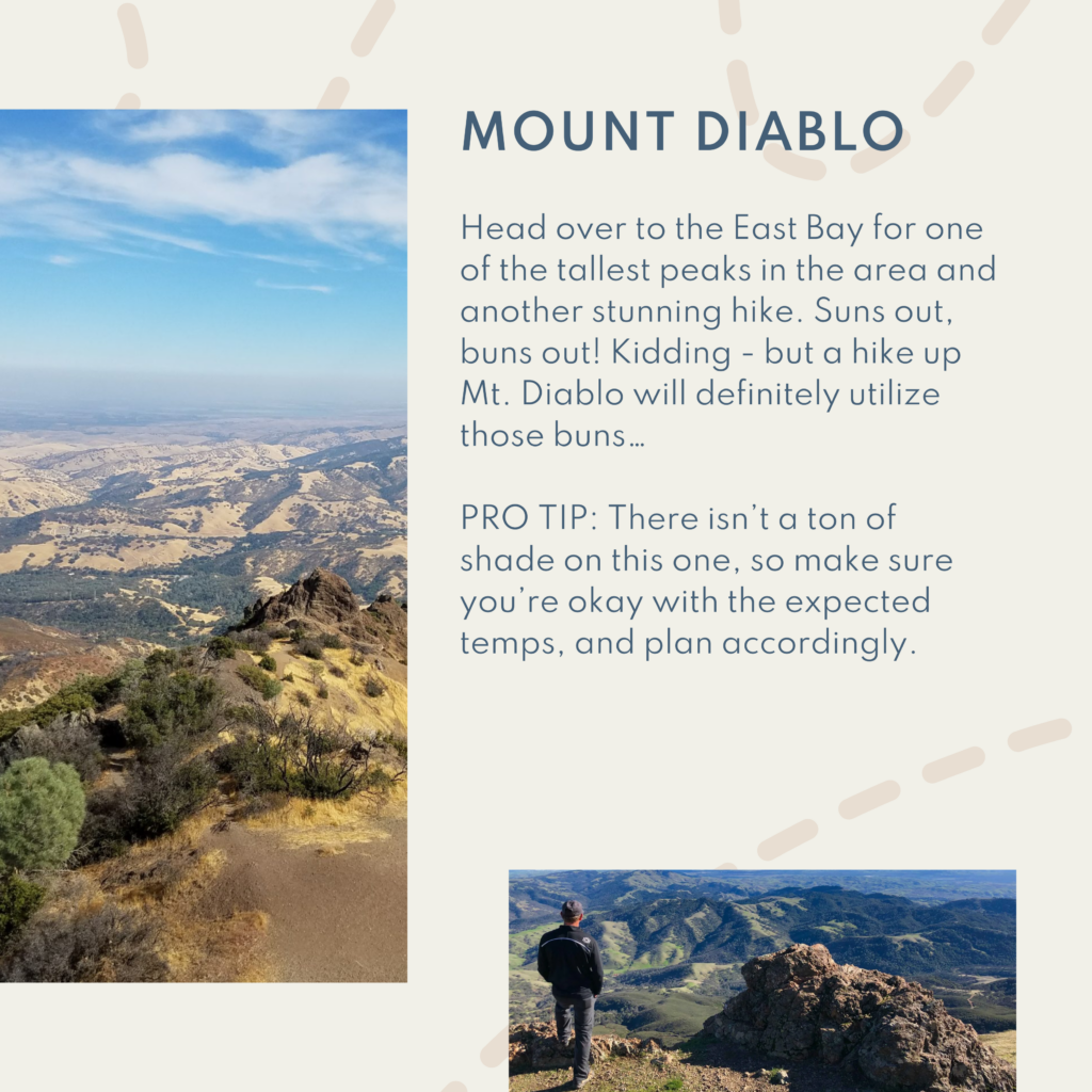 Head over to the East Bay for one of the tallest peaks in the area and another stunning hike. Suns out, buns out! Kidding - but a hike up Mt. Diablo will definitely utilize those buns… PRO TIP: There isn’t a ton of shade on this one, so make sure you’re okay with the expected temps, and plan accordingly.