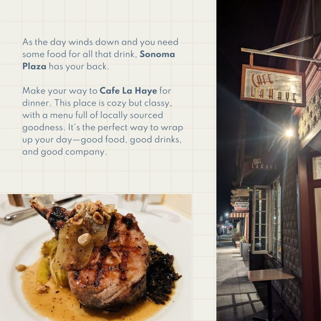 As the day winds down and you need some food for all that drink, Sonoma Plaza has your back. Make your way to Cafe La Haye for dinner. This place is cozy but classy, with a menu full of locally sourced goodness. It's the perfect way to wrap up your day—good food, good drinks, and good company.