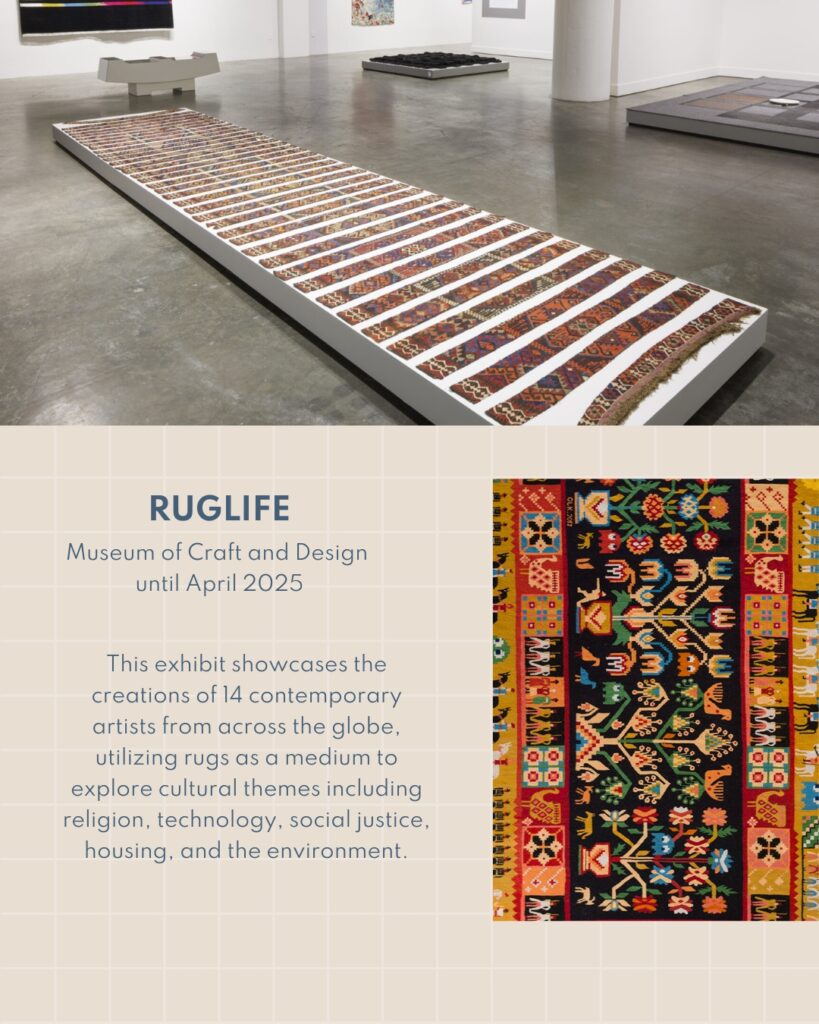 This exhibit showcases the creations of 14 contemporary artists from across the globe, utilizing rugs as a medium to explore cultural themes including religion, technology, social justice, housing, and the environment.